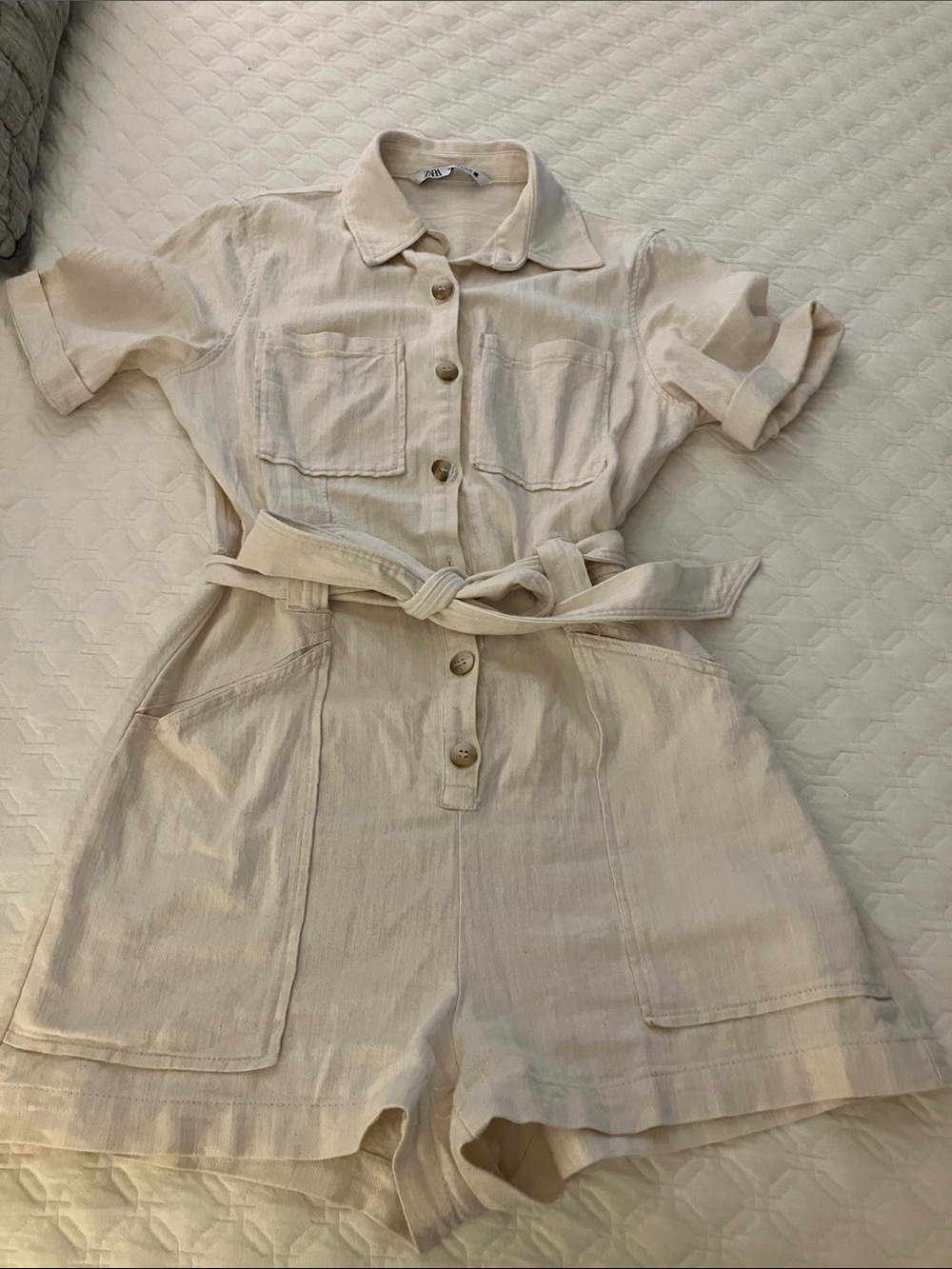 Zara Cream Utility Romper with Tie Waist